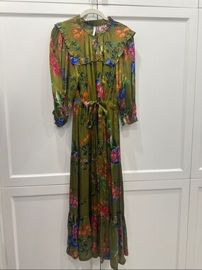Olive Floral Maxi Dress with Tie Waist